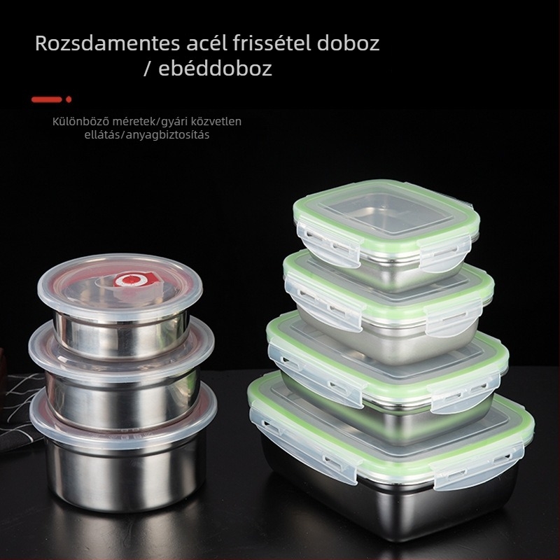 304 rozsdamentes acél, élelmiszer-minőségű frissesség tartó tároló doboz, zárható ebédes doboz diákok számára, hűtő- és fagyasztóbarát