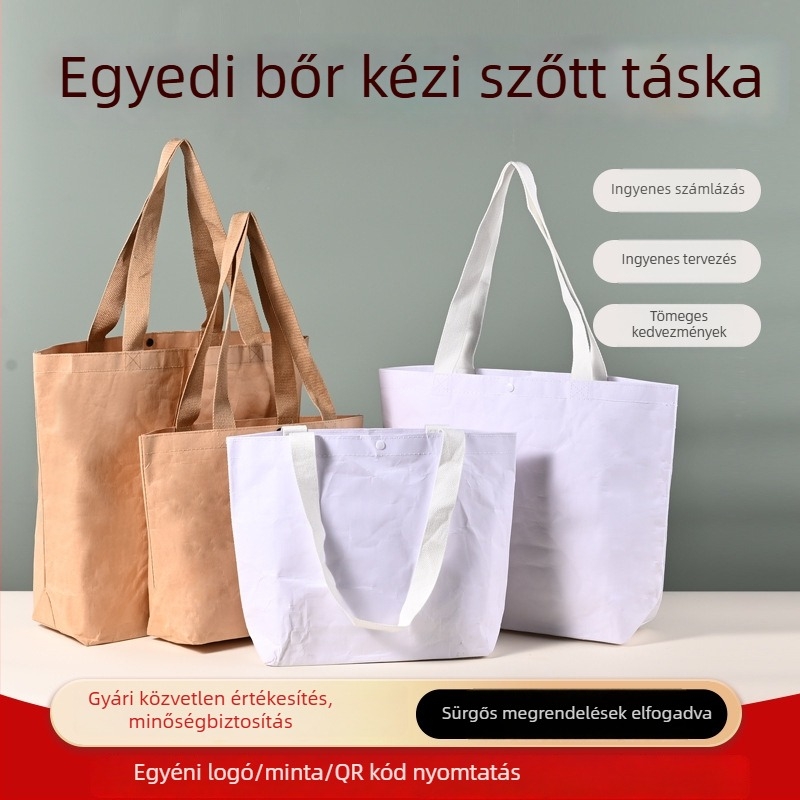 Kraftpapír szövött kézitáska, laminált, vízálló, színes nyomtatás, PP-kompozit szövött táska