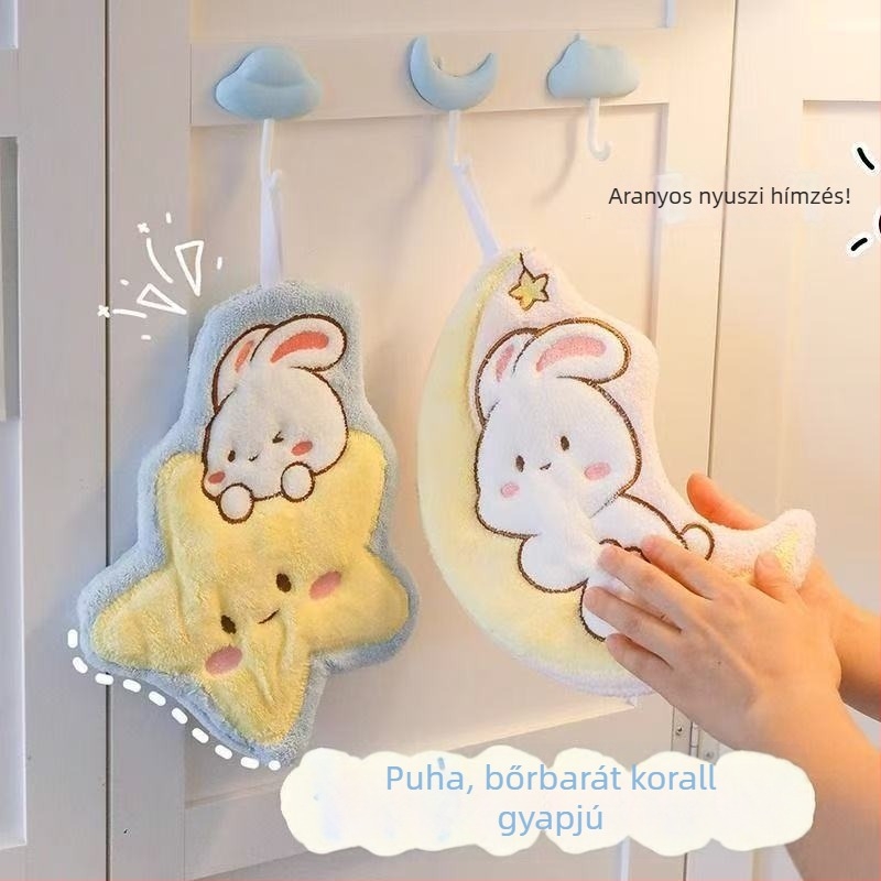 Rajzfilmszerű csillagos ég és holdas nyuszi kéztörlő, korall fleece anyagból, akasztós, otthoni használatra, nedvszívó