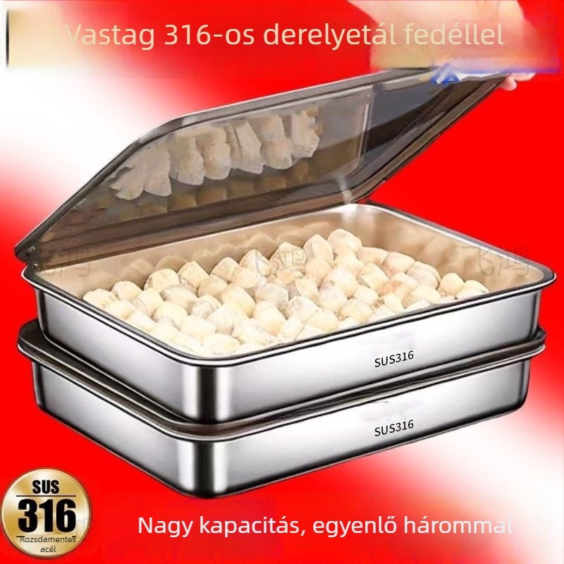 Élelmiszer-minőségű rozsdamentes acél tál tároló- és frissesség megőrző dobozzal, négyszögletes alakú