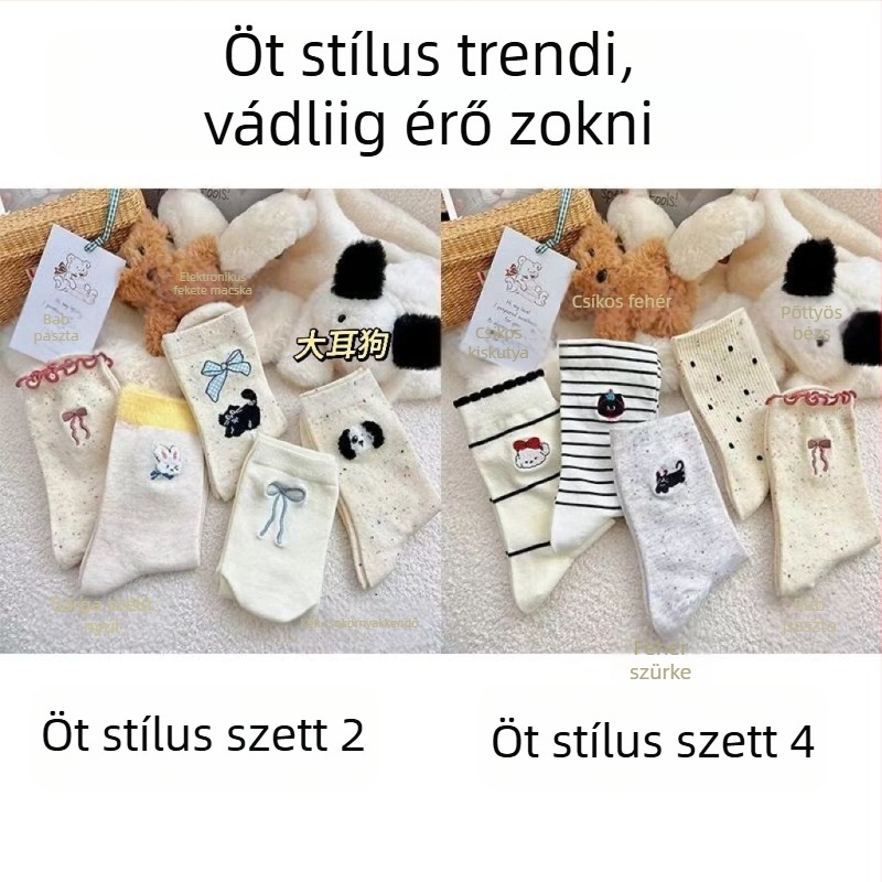 Női fehér középmagas zokni, 2025 tavasz–őszi, insta-stílusú, masni és pöttyös mintázat, japán ihletésű aranyos zokni