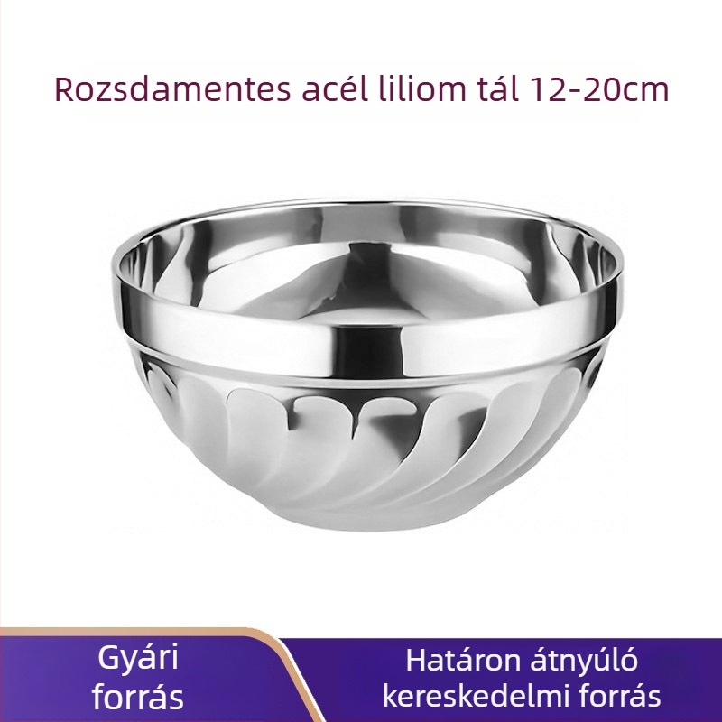Rozsdamentes acélból készült tálak és tányérok – rizstál, leveses tál, tészta tál, lilom mintás, otthoni étkészlet