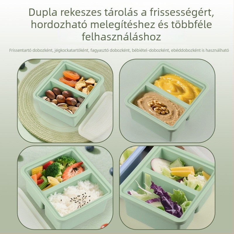 Két rekeszes ebédes doboz fedővel, melegíthető és fagyasztóba is használható, élelmiszer-minőségű szilikon