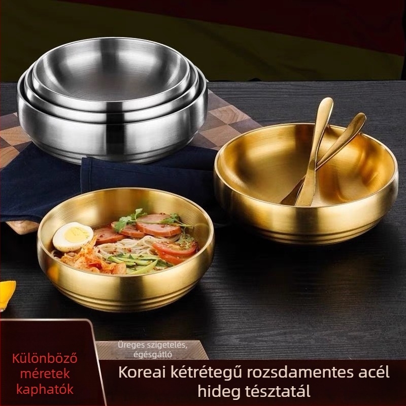 Koreai stílusú arany színű rozsdamentes acél dupla rétegű tál égésvédelmi kialítítással, hideg tészta, ramen és rizs számára, nagy leveses tál