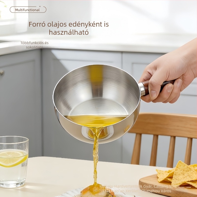 Fedél nélküli 304 rozsdamentes acélból készült tál, fa nyéllel, égésvédelmi kialakítás, egy kézzel használható, instant tészta, leves, reggeli, saláta és rizs számára – egy személyes adag