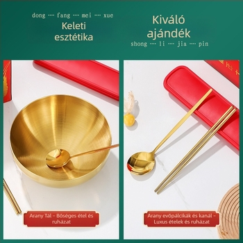 Arany színű rozsdamentes acél étkészlet tálakkal, evőpálcikákkal és kanalakkal ajándékdobozban