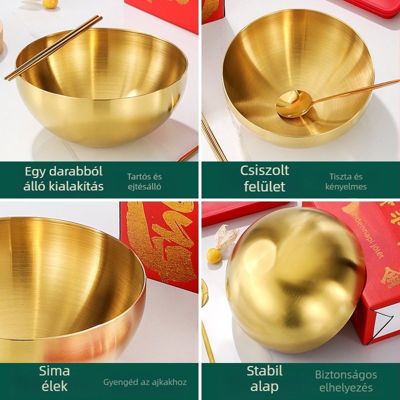 Arany színű rozsdamentes acél étkészlet tálakkal, evőpálcikákkal és kanalakkal ajándékdobozban