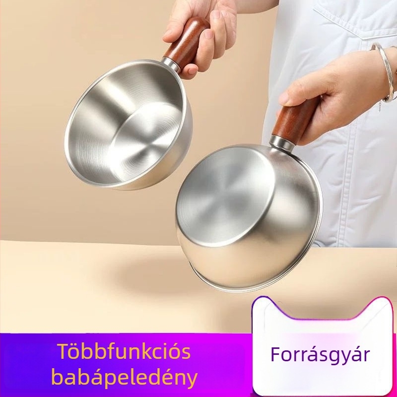 Rozsdamentes acél Koreai stílusú egy személyre szóló tál, fából készült fogantyúval, kör nagy tál, többfunkciós edény