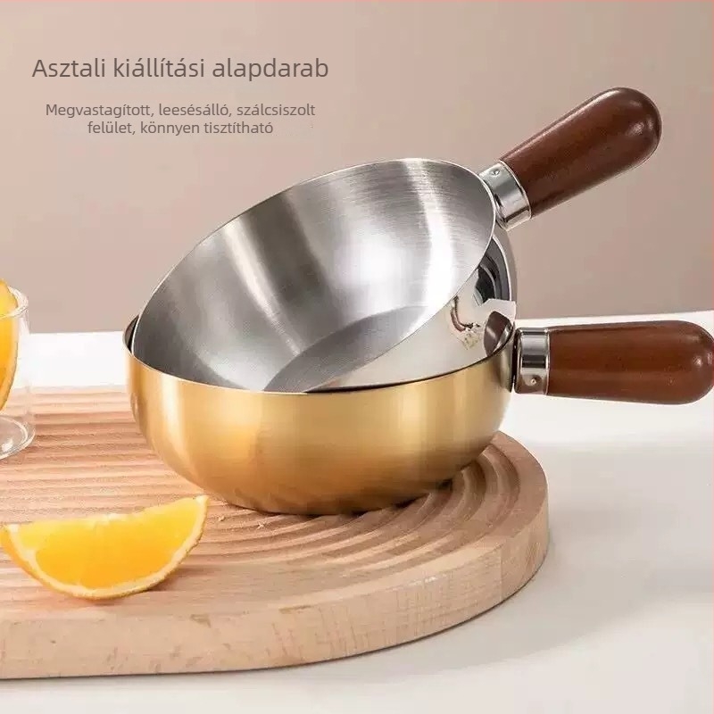 Rozsdamentes acél Koreai stílusú egy személyre szóló tál, fából készült fogantyúval, kör nagy tál, többfunkciós edény