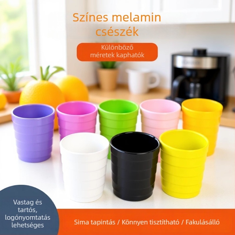Színes melamin pohár italokhoz, porcelánhatású, szállodai büfék és kereskedelmi éttermek számára, szabálytalan forma, egyszínű, átmérő 13–13,9 cm