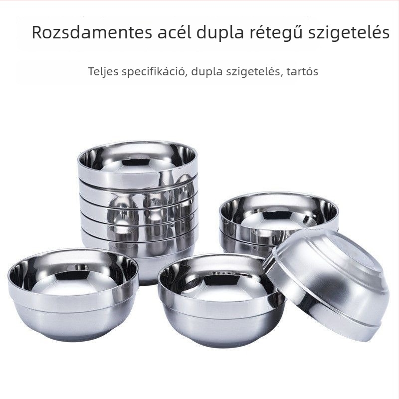 Rozsdamentes acélból készült, vastagított, duplafalú, szigetelt tál gyerekeknek, iskolai menzára és otthoni használatra; leves, tészta és rizs tál – ajándék