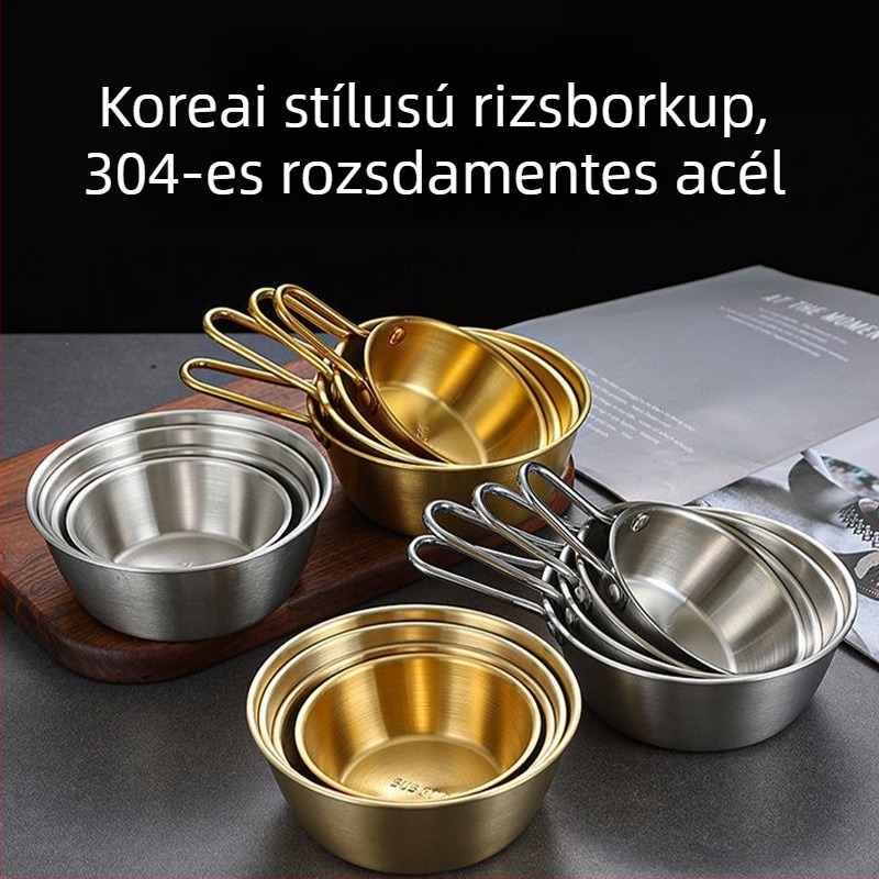 Koreai stílusú arany színű rozsdamentes acélból készült kézben tartható kis tál — nassolnivalókhoz és hot pot mártásokhoz, japán konyhához