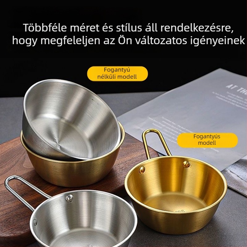 Koreai stílusú arany színű rozsdamentes acélból készült kézben tartható kis tál — nassolnivalókhoz és hot pot mártásokhoz, japán konyhához