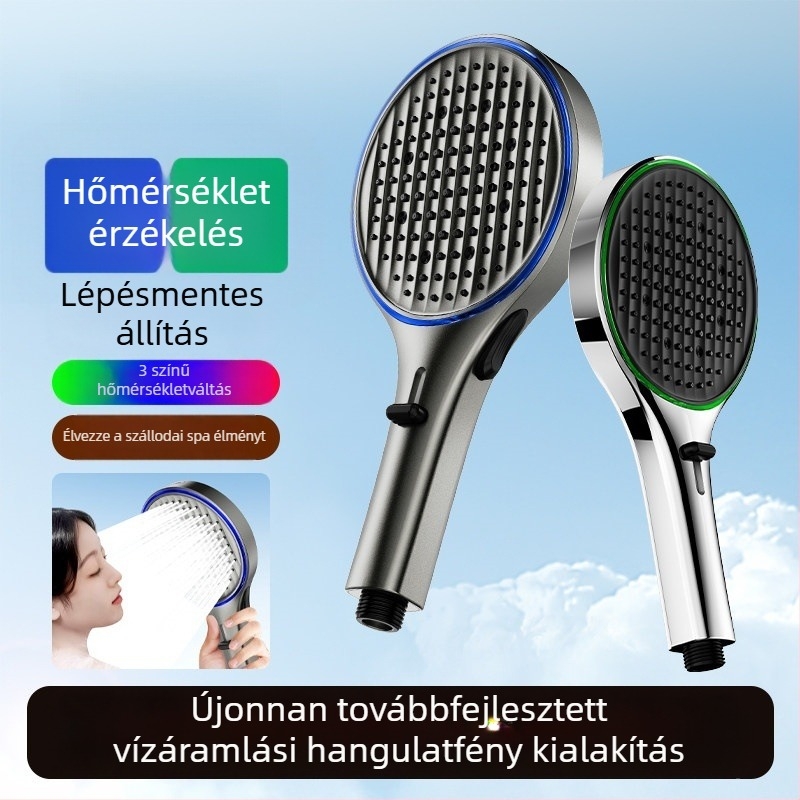 Hőmérséklet-szabályozható ambient fényű zuhanyfej kézi szórófejjel – magas nyomású, multifunkciós zuhany