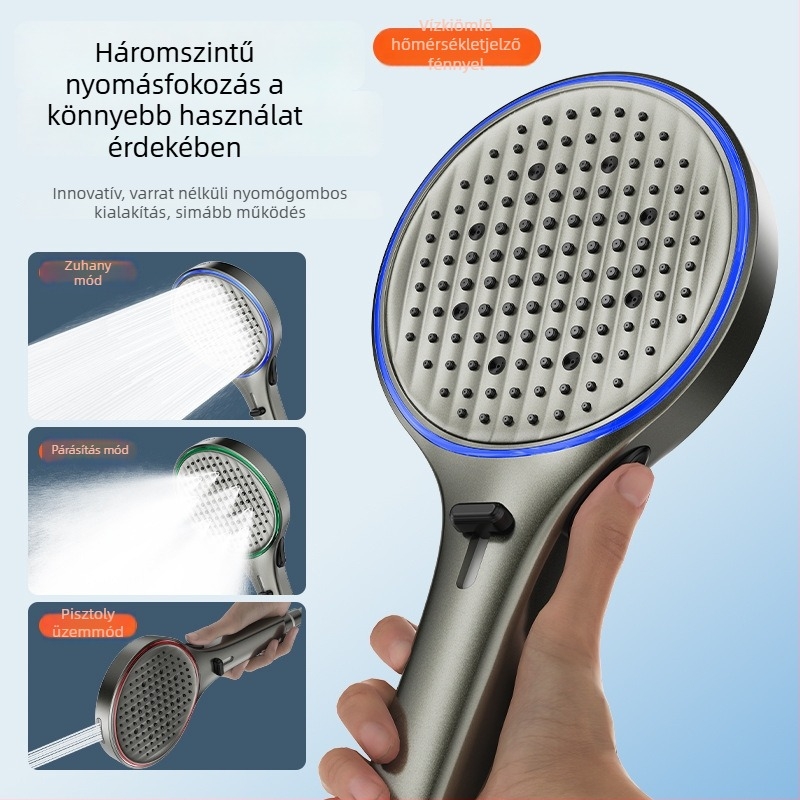 Hőmérséklet-szabályozható ambient fényű zuhanyfej kézi szórófejjel – magas nyomású, multifunkciós zuhany