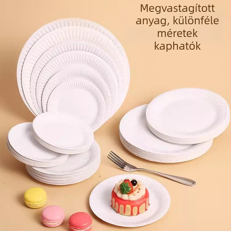 Egyszer használatos vacsora tányérok, fehér vastagított papírtányérok születésnapi partira, tortákhoz, ételekhez és nasihoz, piknikre