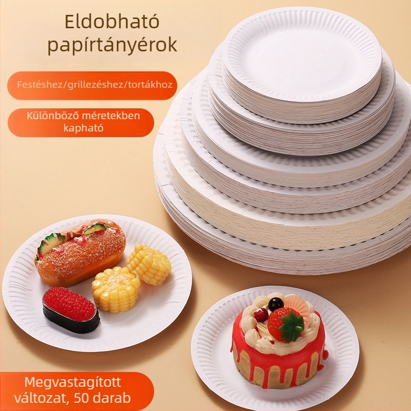 Egyszer használatos vacsora tányérok, fehér vastagított papírtányérok születésnapi partira, tortákhoz, ételekhez és nasihoz, piknikre