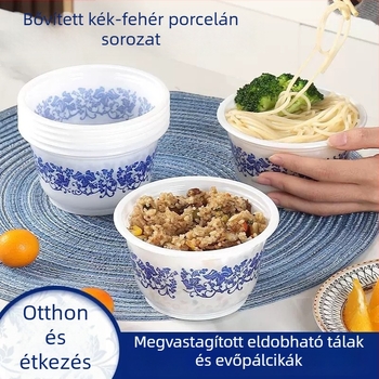 Egyszer használatos műanyag tál kék-fehér mintával, kör alakú étkezőtál, esküvői bankettre, otthoni használatra és lakásavatóra, vastított és hőálló