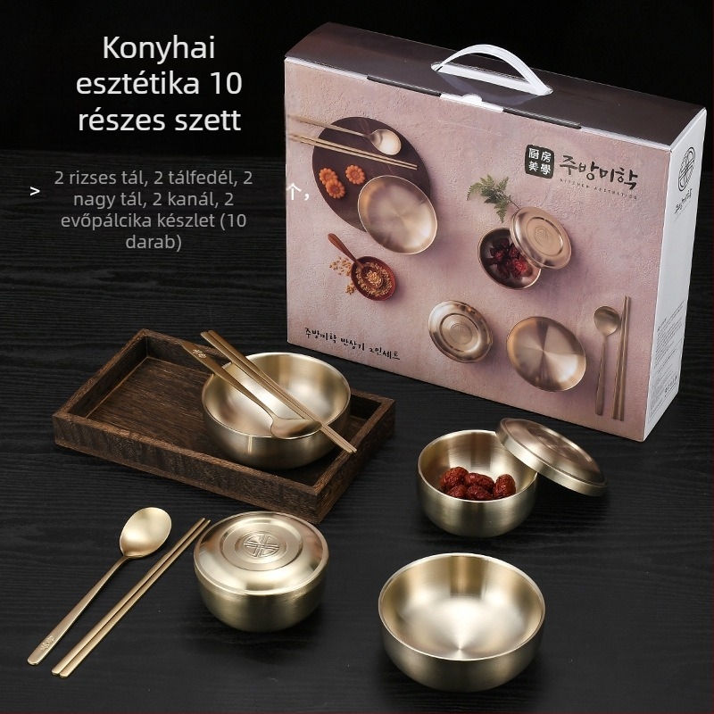Rozsdamentes acélból készült kétszintes, hőszigetelt tál aranyfényes felülettel, tál a hideg tésztához és kör alakú ízesítő tál készlet