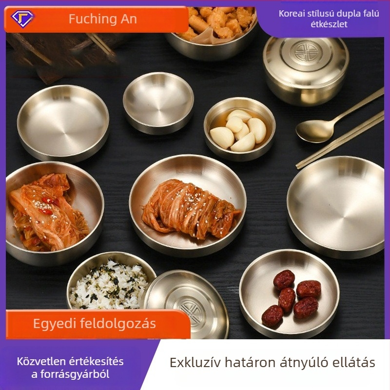 Rozsdamentes acélból készült kétszintes, hőszigetelt tál aranyfényes felülettel, tál a hideg tésztához és kör alakú ízesítő tál készlet