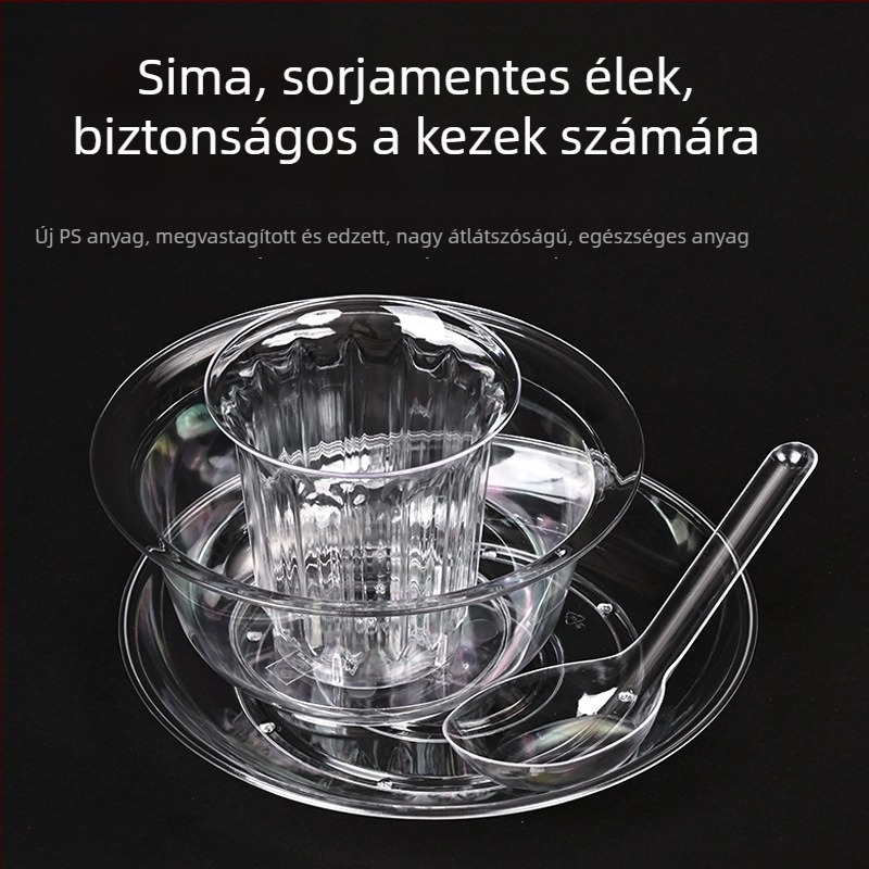 Egyszer használatos átlátszó kristályos műanyag tál kanállal, élelmiszer-minőségű, 300 ml, kerek, kereskedelmi vagy otthoni használatra