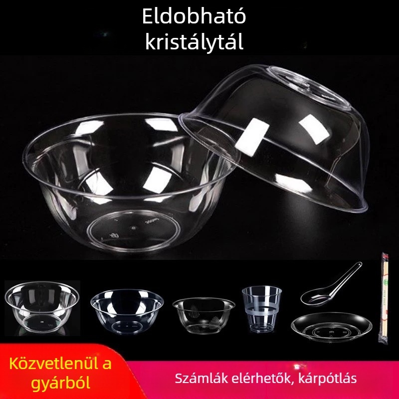 Egyszer használatos átlátszó kristályos műanyag tál kanállal, élelmiszer-minőségű, 300 ml, kerek, kereskedelmi vagy otthoni használatra