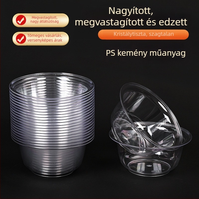 Egyszer használatos átlátszó kristályos műanyag tál kanállal, élelmiszer-minőségű, 300 ml, kerek, kereskedelmi vagy otthoni használatra