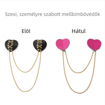 Szív alakú mellbimbó tapaszok bőr és fém pántokkal – erotikus flört kiegészítők, mellfedő lánccal