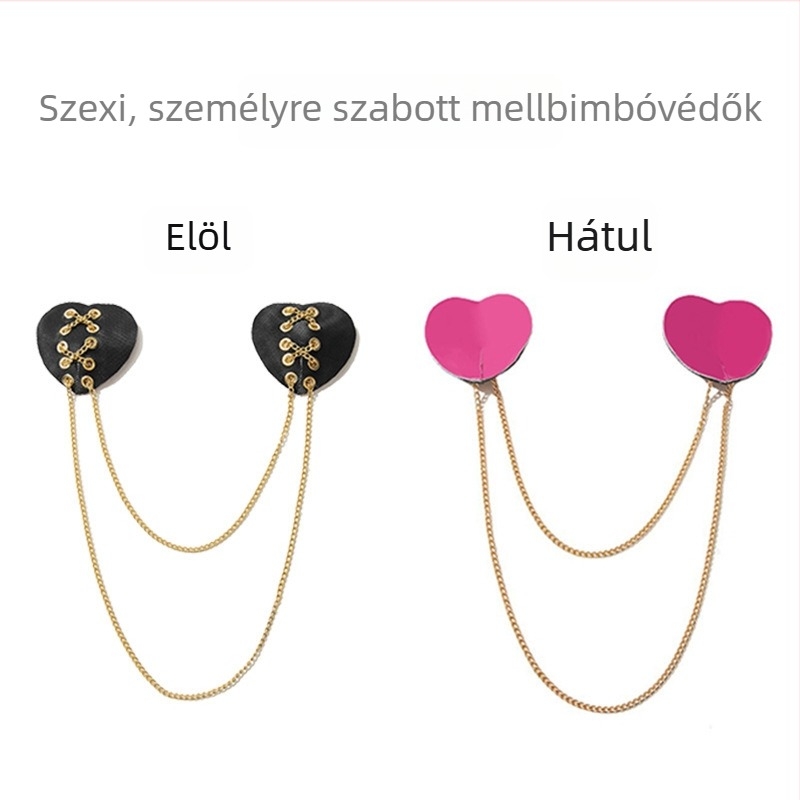 Szív alakú mellbimbó tapaszok bőr és fém pántokkal – erotikus flört kiegészítők, mellfedő lánccal