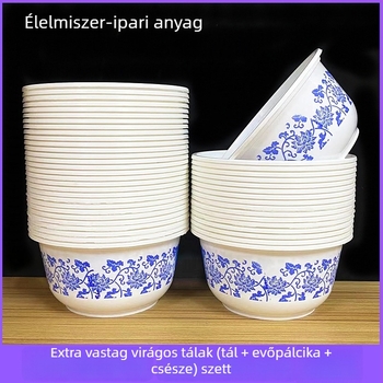 Egyszer használatos műanyag tálak kék-fehér mintával, kínai stílusú kör alakú tálak rizshez és leveshez, vastag, kemény műanyagból