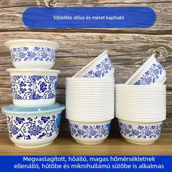 Egyszer használatos műanyag tálak kék-fehér mintával, kínai stílusú kör alakú tálak rizshez és leveshez, vastag, kemény műanyagból