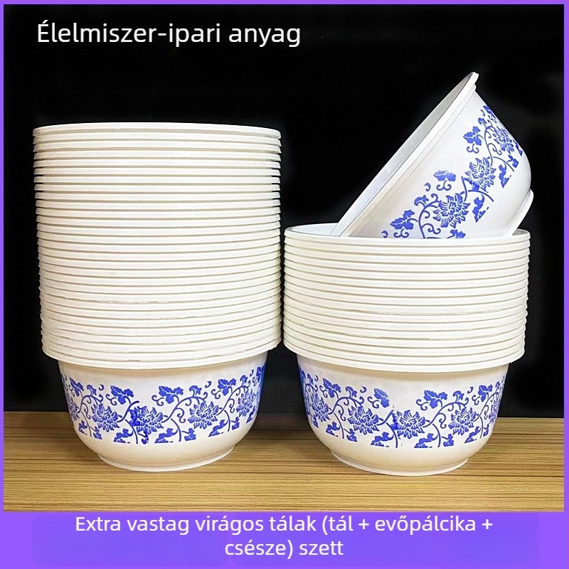 Egyszer használatos műanyag tálak kék-fehér mintával, kínai stílusú kör alakú tálak rizshez és leveshez, vastag, kemény műanyagból