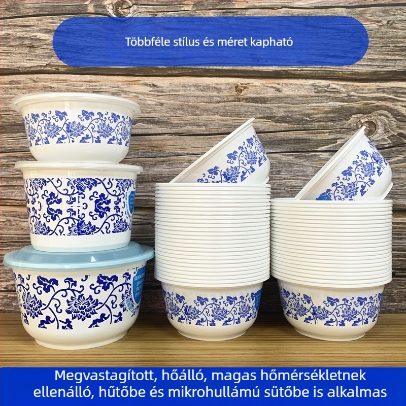 Egyszer használatos műanyag tálak kék-fehér mintával, kínai stílusú kör alakú tálak rizshez és leveshez, vastag, kemény műanyagból