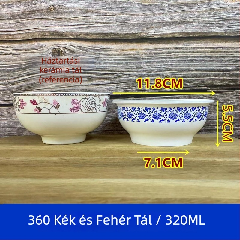 Egyszer használatos műanyag tálak kék-fehér mintával, kínai stílusú kör alakú tálak rizshez és leveshez, vastag, kemény műanyagból