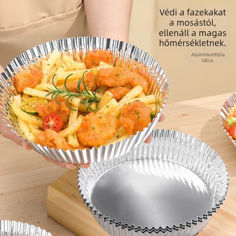 Kerek alufóliás tálak és tányérok, 50 db, egyszer használatos, háztartási alumíniumfóliából, sütőben, grillen és Air Fryerhez