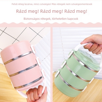 Rozsdamentes acélból készült ételhordó doboz, szigetelt, négy rekeszes, többszintes, zárt, hordozható