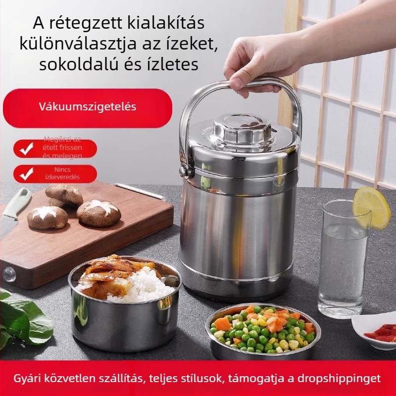 Háromrétegű vákuum‑szigetelt rozsdamentes acél ebédes doboz, hordozható leveses fazékkal, diákoknak