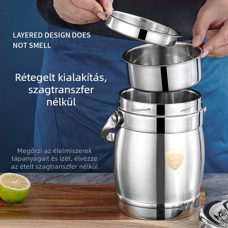 Rozsdamentes acélból készült, kétszintes szigetelt ebédes doboz, dob alakú, hordozható irodai dolgozók és diákok számára