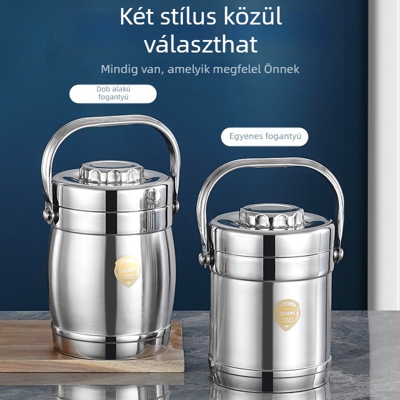 Rozsdamentes acélból készült, kétszintes szigetelt ebédes doboz, dob alakú, hordozható irodai dolgozók és diákok számára