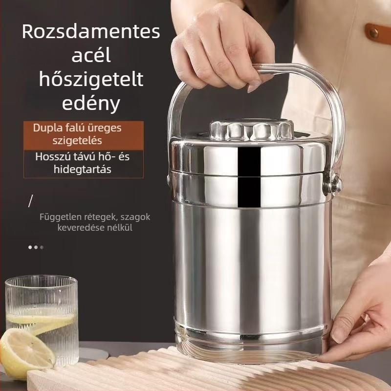 Rozsdamentes acélból készült hőszigetelt ebédes doboz, dupla rétegű, vastag konstrukció, nagy kapacitás, rekeszek, hordozható diákok és felnőttek számára