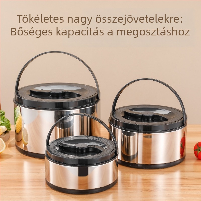Rozsdamentes acélból készült szigetelt ebédtartó fazékkal és jégvödörrel – nagy kapacitású, hordozható háromrészes készlet.
