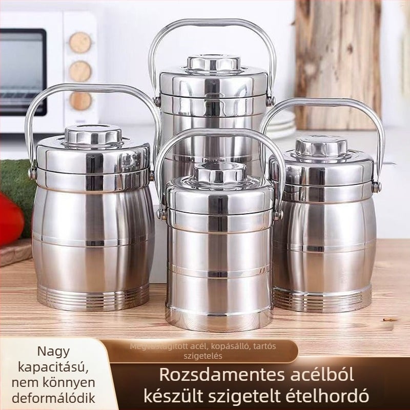 Rozsdamentes acélból készült termosz/edény vákuum-szigeteléssel, nagy kapacitású hordozható ebédes doboz fedéllel és tálkával