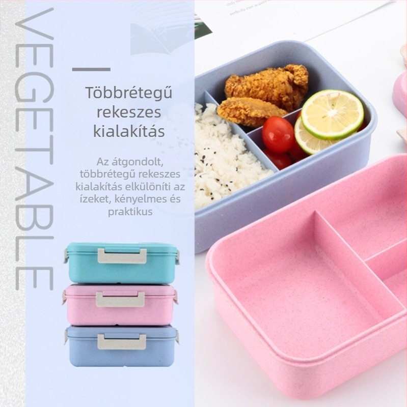 Mikrohullámú sütőben használható, szigetelt ebédes doboz, zárható fedéllel, búzaszalmából, élelmiszer-minőségű, kettős falú, három rekesz, 800–1000 ml