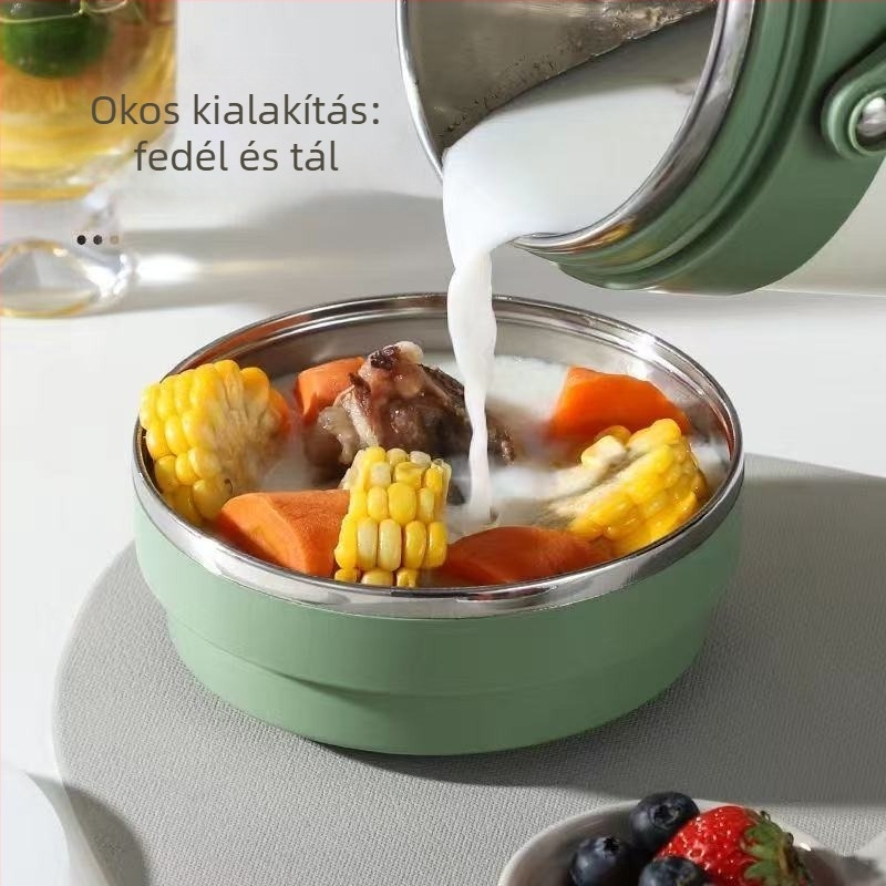 Két rétegű szigetelt ebédes doboz rozsdamentes acélból, fogantyúval, 1-2 L kapacitás