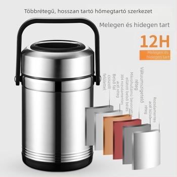 304 rozsdamentes acélból készült szigetelt ebédhordó, 1,6 l kapacitás, kettős falú, diákoknak és irodai dolgozóknak