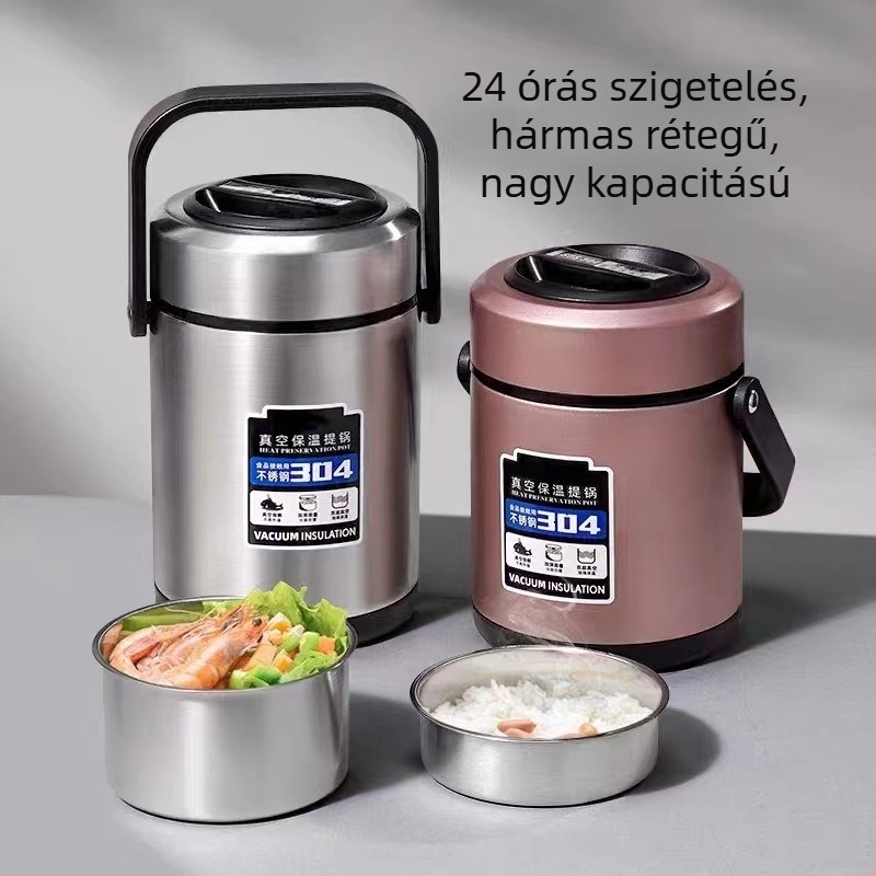 304 rozsdamentes acél termoszos ebéddoboz, nagy kapacitású, hordozható