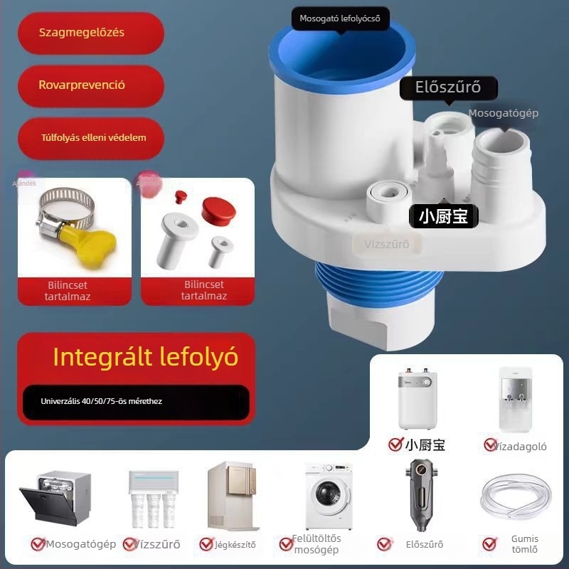 Konyhai lefolyócső öt ágú, szagtalanító, többfunkciós előszűrő és mosogatógép vízszűrő, három-utas csatlakozó