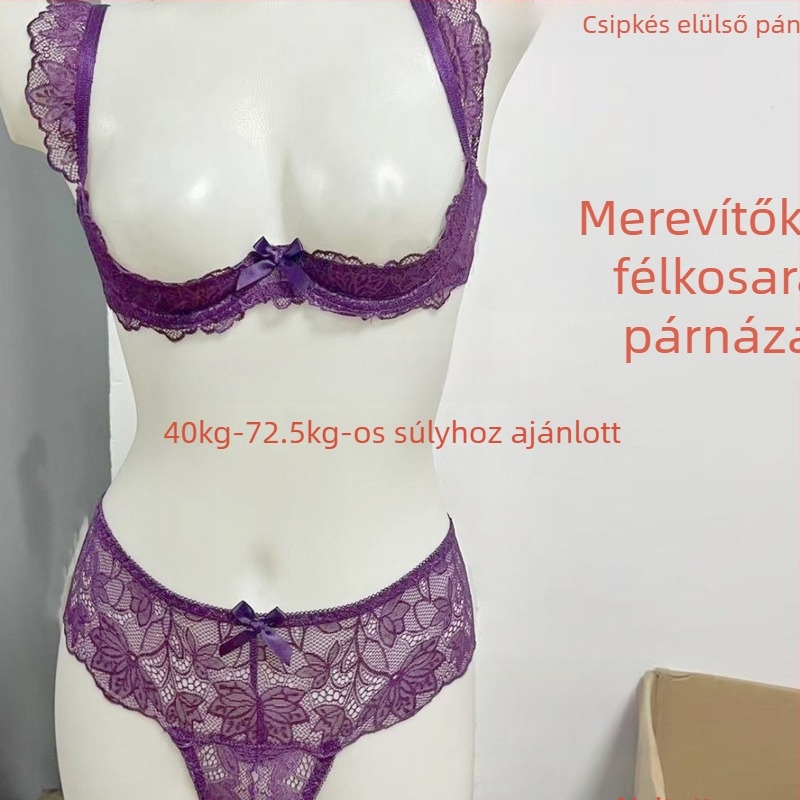 Új hercegnő-stílusú lila csipkés fehérnemű, demi-kupás push-up melltartó, nyitott ágyékkal