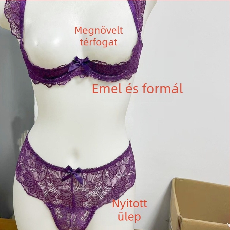 Új hercegnő-stílusú lila csipkés fehérnemű, demi-kupás push-up melltartó, nyitott ágyékkal