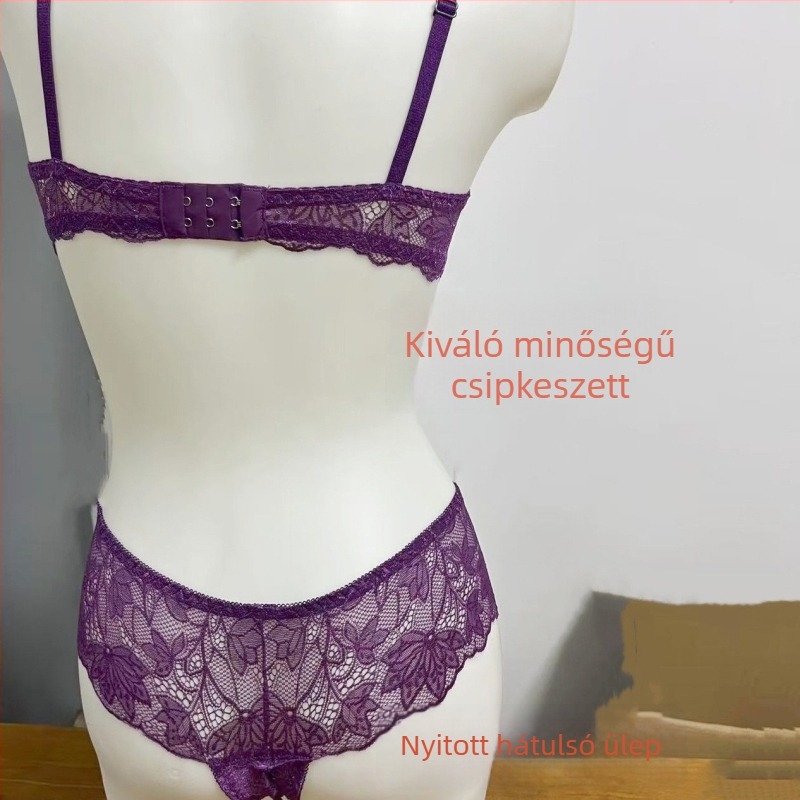 Új hercegnő-stílusú lila csipkés fehérnemű, demi-kupás push-up melltartó, nyitott ágyékkal